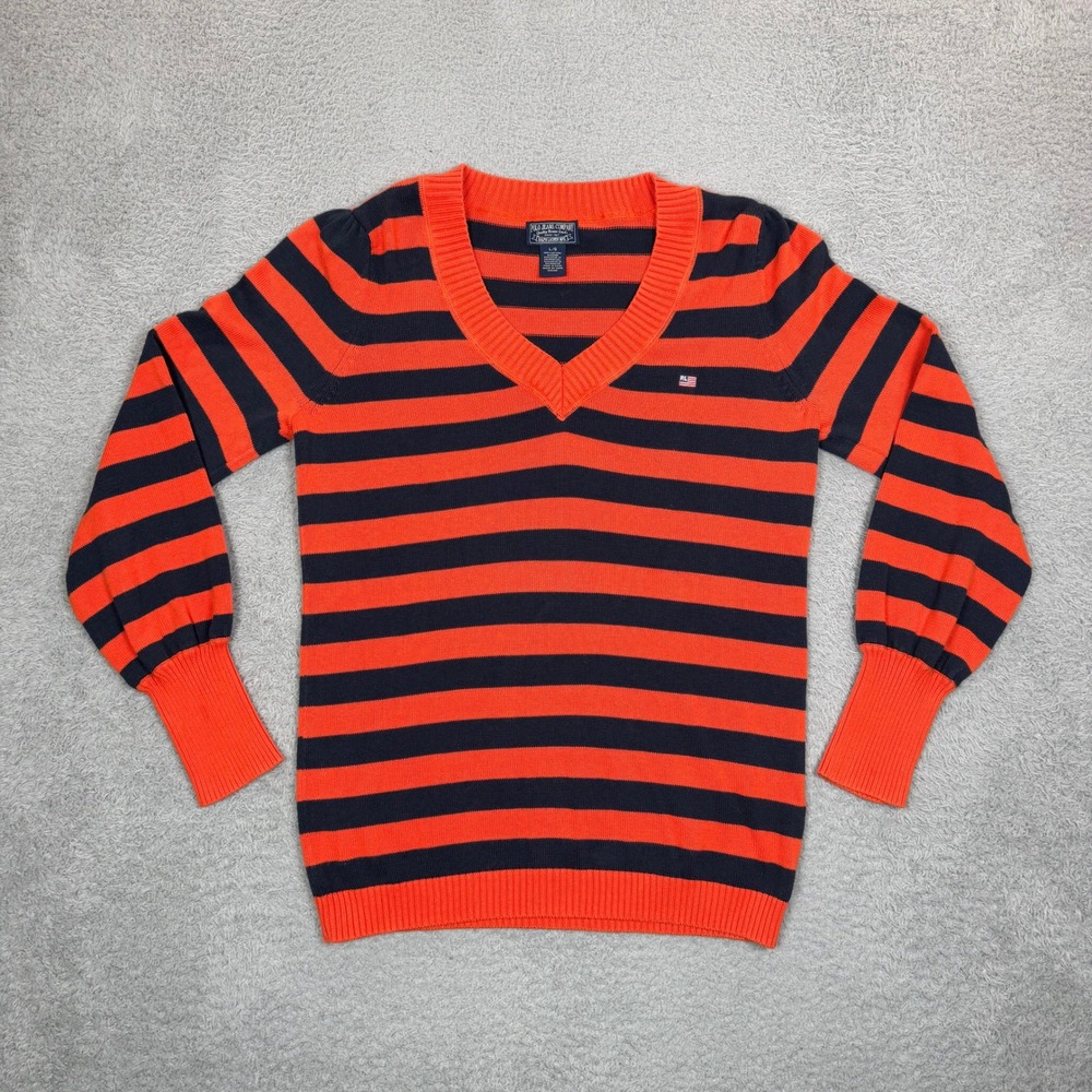 Polo Jeans Co Ralph Lauren Womens Orange Navy Striped V-Neck Sweater Large RL